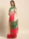 Cream & Pink Colourblocked Tussar Silk Saree