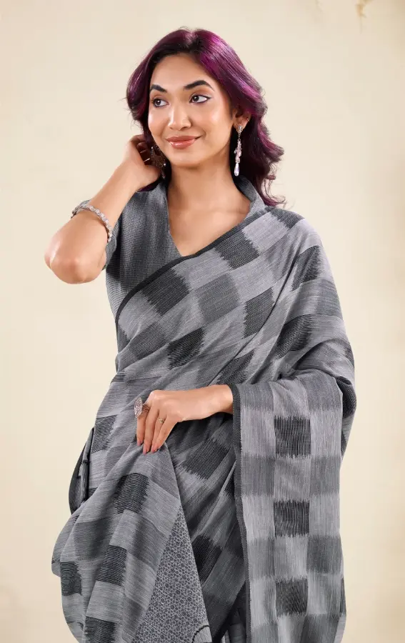 Thumbnail: Wood grey Linen Silk Woven Saree with Tassel Border and Contrast Blouse