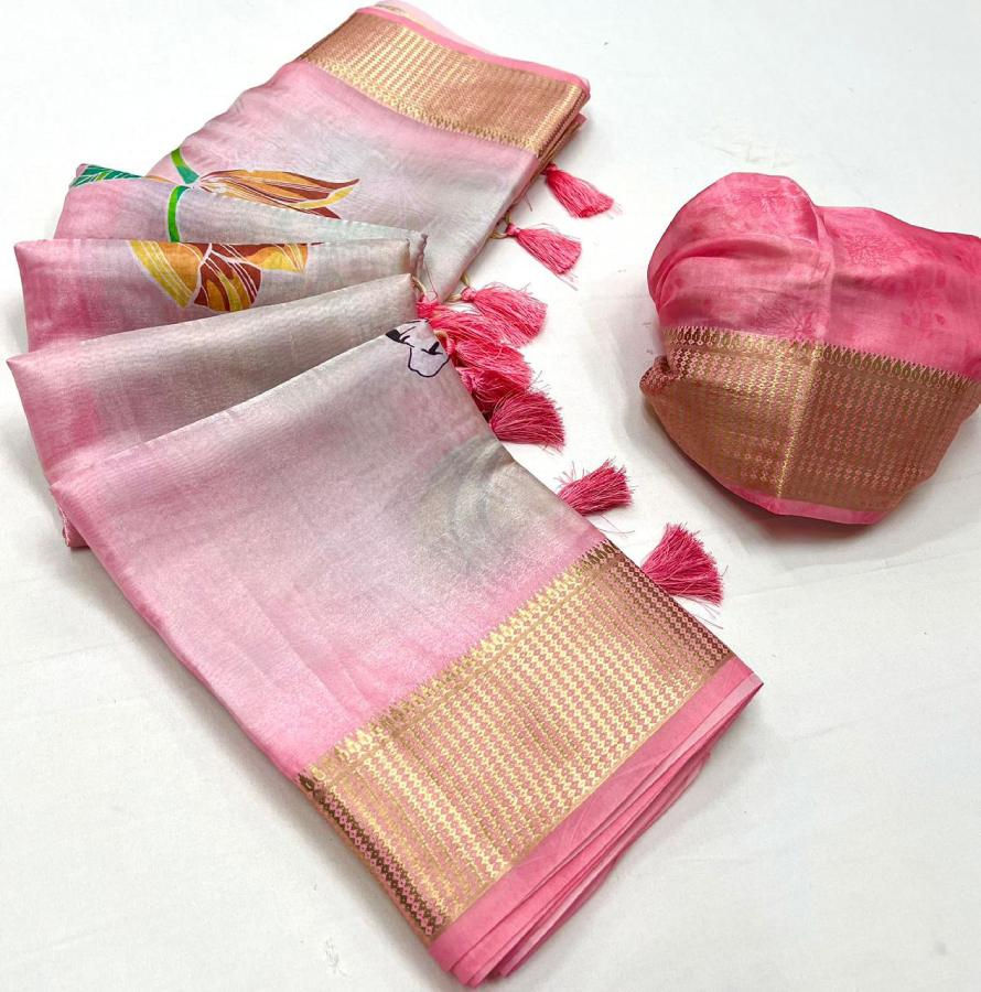 Thumbnail: Pink Floral Printed Soft Satin Organza  Saree