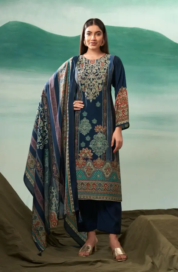 Blue Elegance with Handcrafted Viscose Muslin Salwar Suit