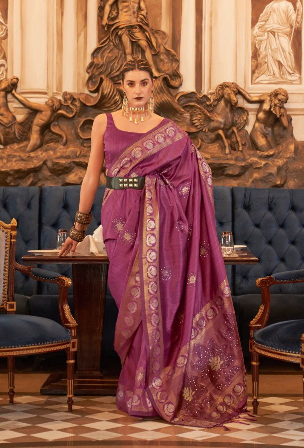 Magenta Tussar Silk Saree With Sequins