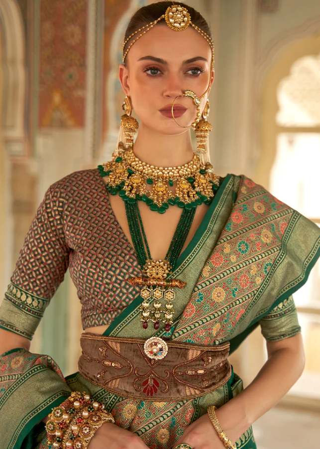 Thumbnail: Forest Green Patola Style Zari Woven Banarasi Saree