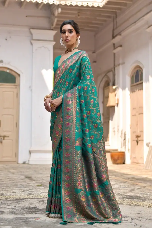 Thumbnail: Premium Green Pashmina Silk Saree | Woven Banarasi Saree