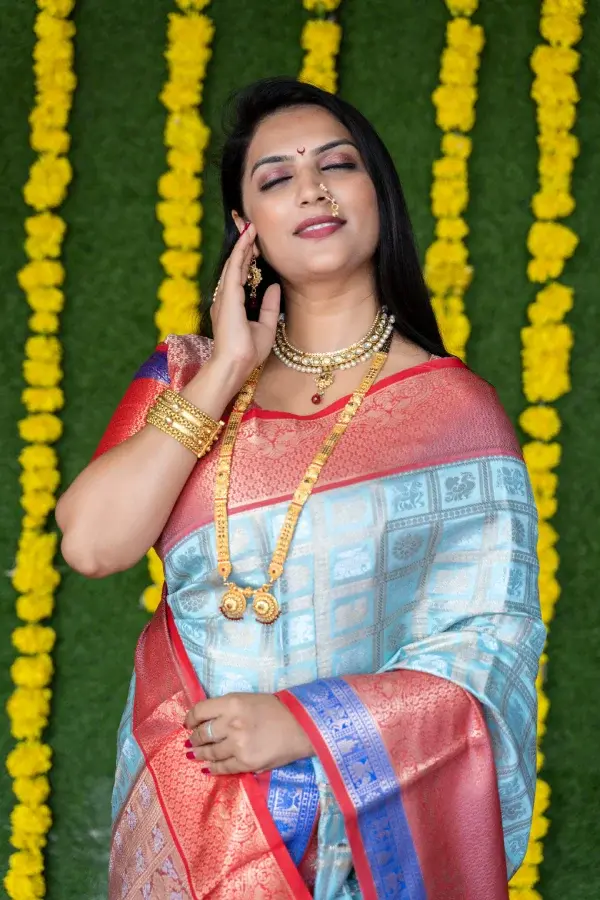 Thumbnail: Women's Sky Blue Kanchipuram Silk Zari Woven Saree with Red Blouse
