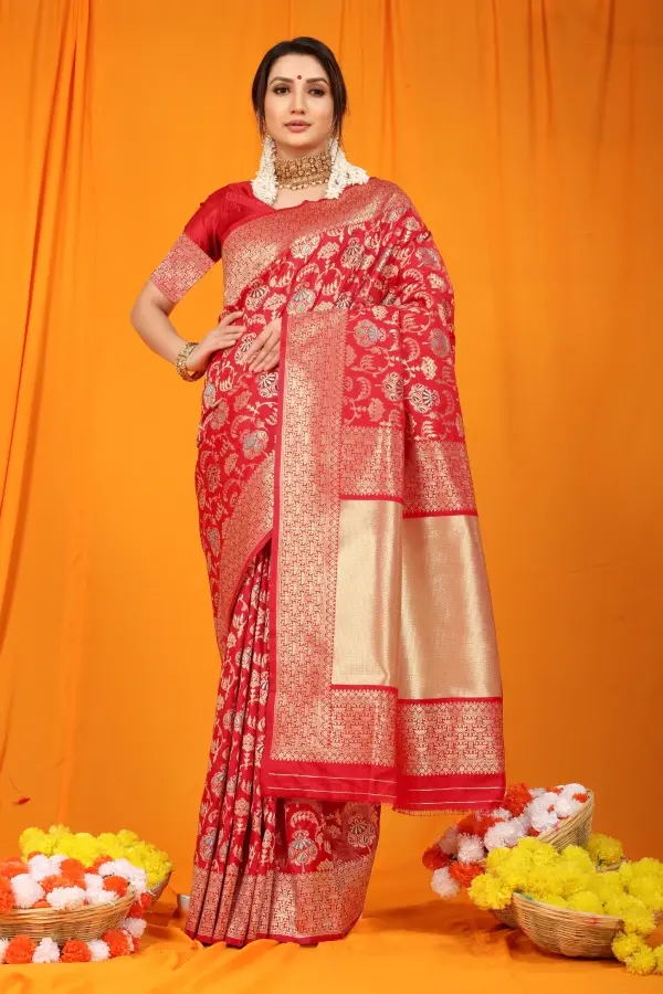 Red Woven Zari Banarasi Silk Saree With Blouse