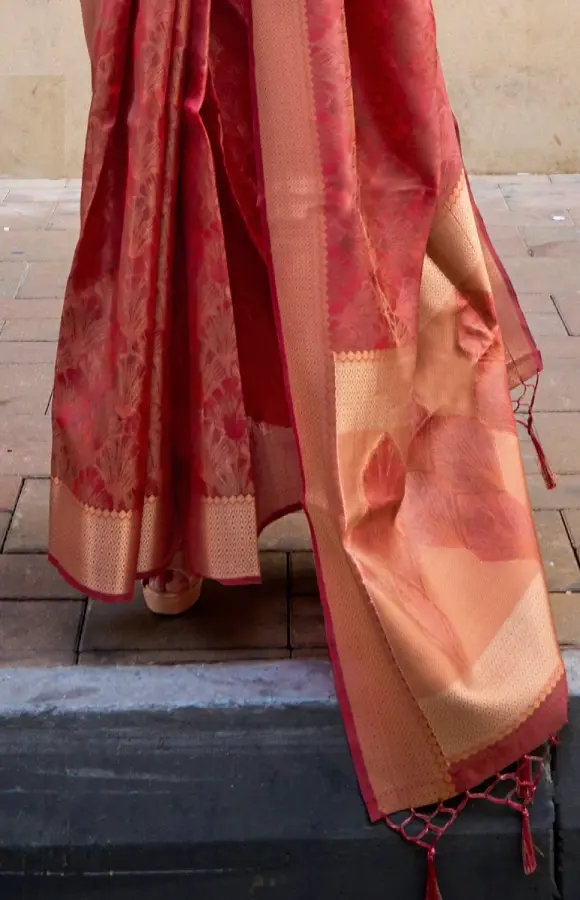 Thumbnail: Rustic Brown Handloom Organza Saree with Gold Border
