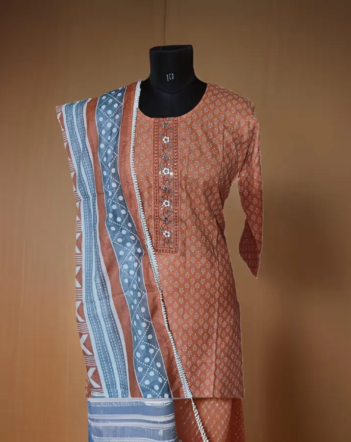 Thumbnail: Orange And Blue Cotton Printed Reaymade Salwar Suits