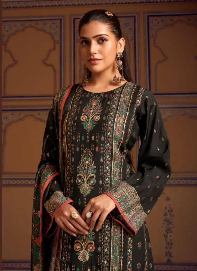 Thumbnail: Regal Black Viscose Muslin Suit with Digital Prints and Handcrafted Embroidery