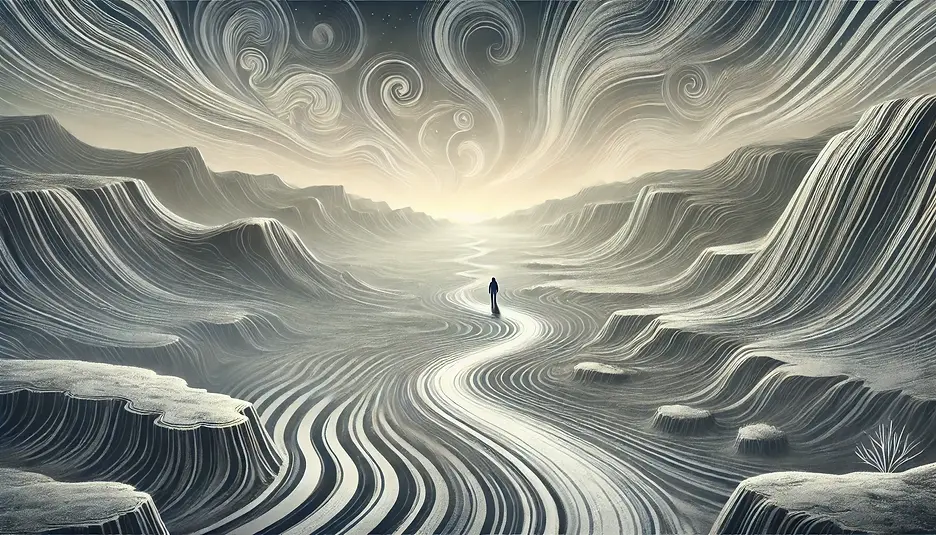 DALL·E 2024-12-06 14.02.22 - A monochromatic landscape illustration symbolizing an inner j