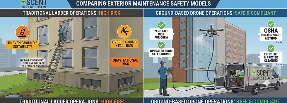 Infographic comparing the high risks of traditional ladder window cleaning, including uneven ground and overreaching, with the safety of ground-based drone operations for OSHA-compliant commercial facility maintenance.