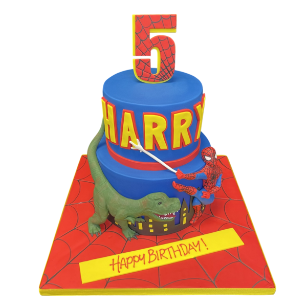 A superhero-themed cake featuring Spiderman facing off against a T-rex in a colourful and action-packed design perfect for a birthday celebration.