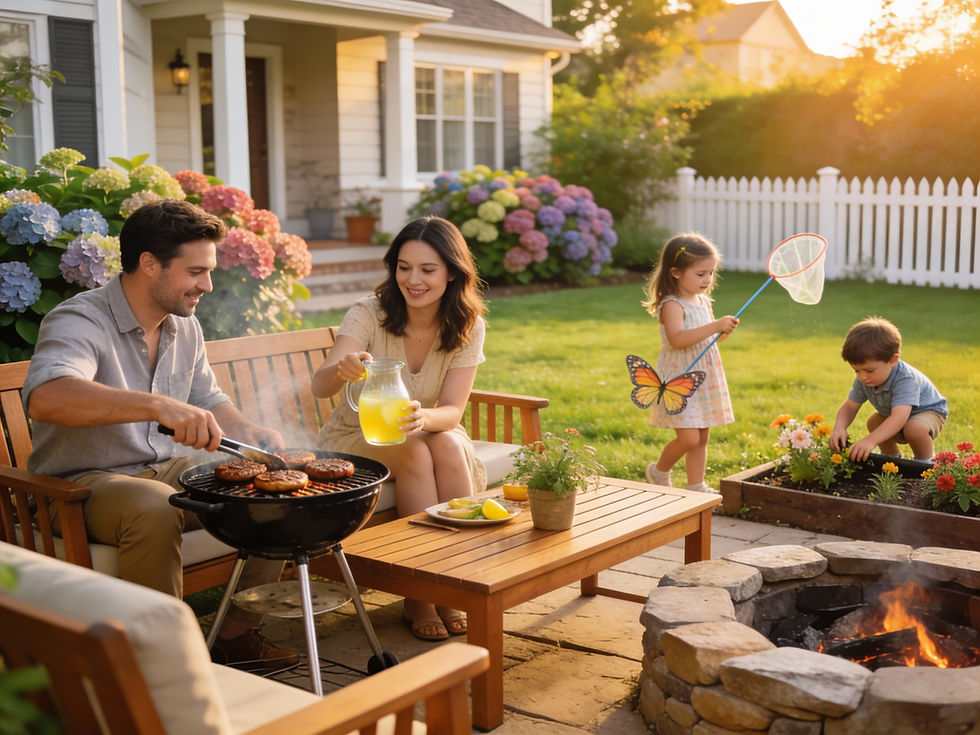 Family enjoying a summer backyard barbecue at their new home in Licking County Ohio