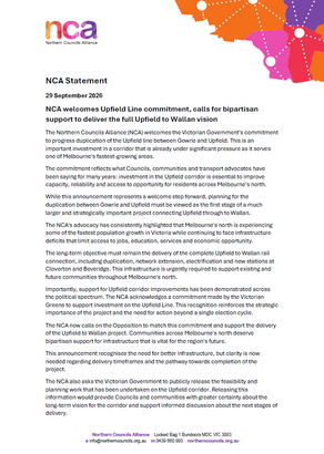 Upfield Rail announcement - A significant step forward for Melbourne’s north, but more work remains to be done.