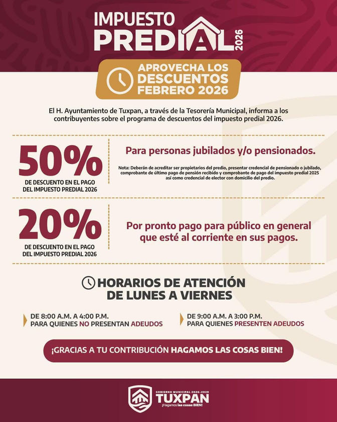 Ayuntamiento de Tuxpan invita a aprovechar el 50% de descuento en el pago del Impuesto Predial 2026