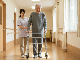 介護スタッフの見守りのもと、歩行訓練を行う高齢の男性。穏やかな施設内の廊下に差し込む日差しの中、前向きに一歩を踏み出している。