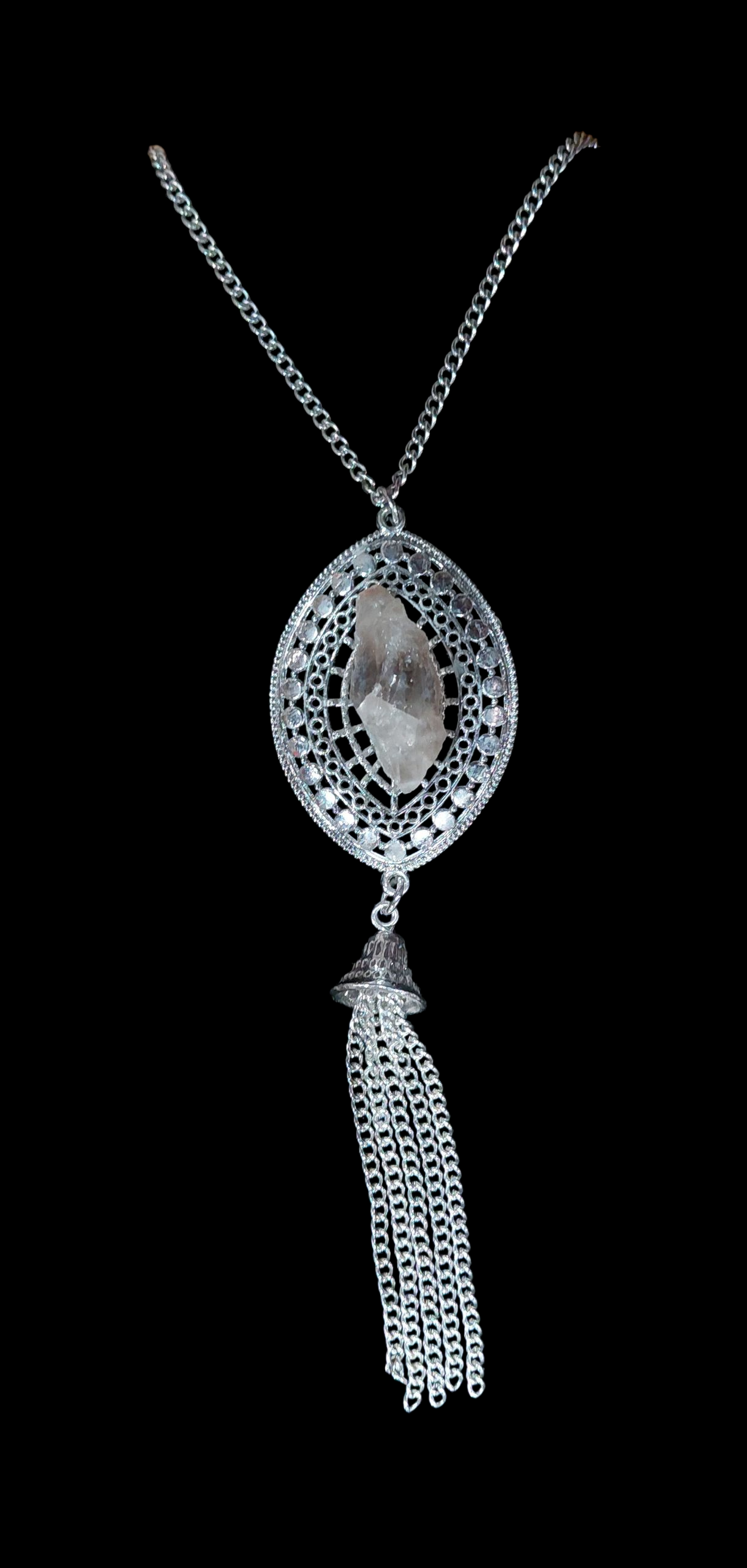 Handmade Silver Filigree Necklace with Real Crystal Center & Chain Tassel