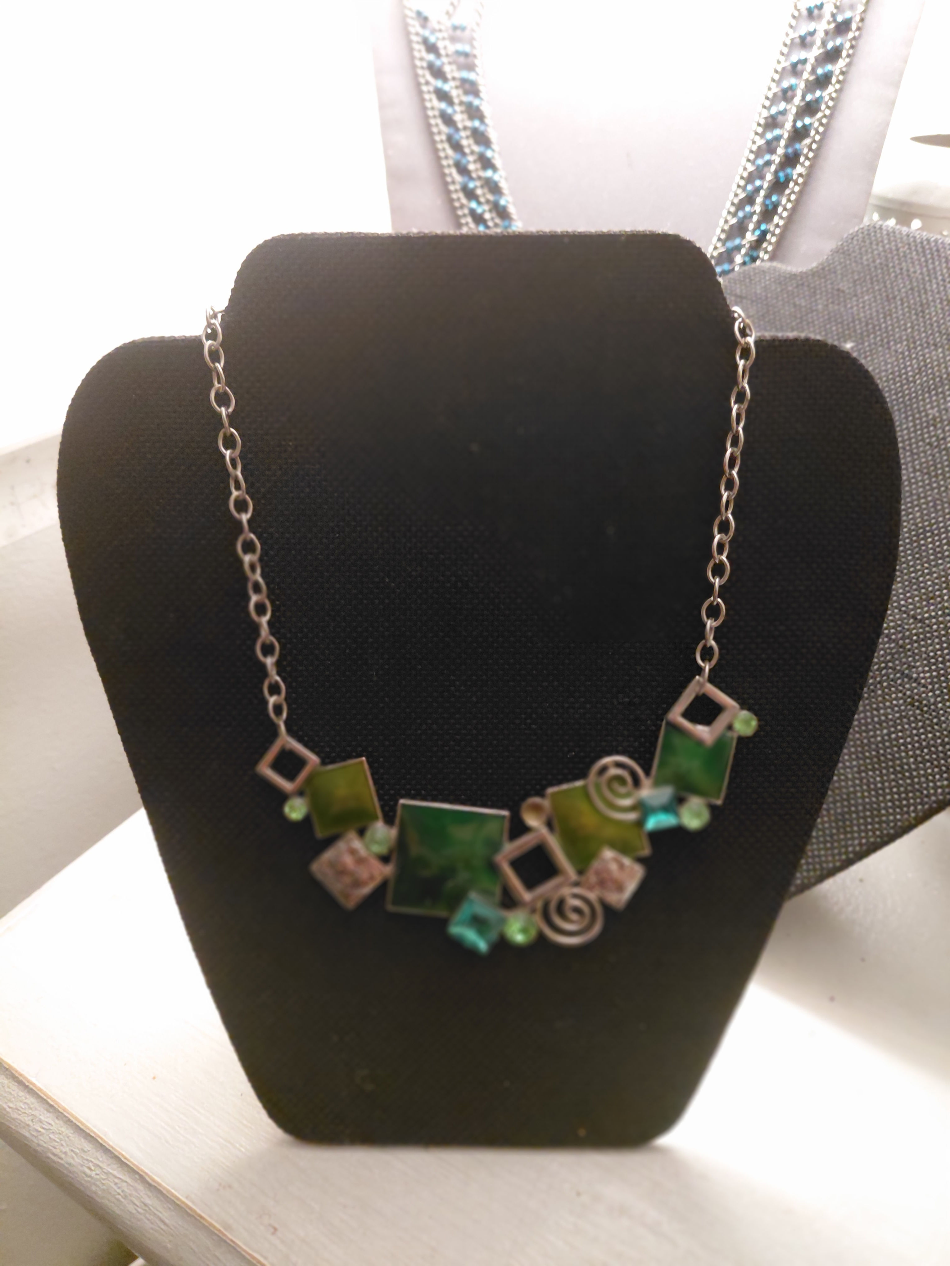 Green Geometric Statement Necklace with Artistic Wire Accents