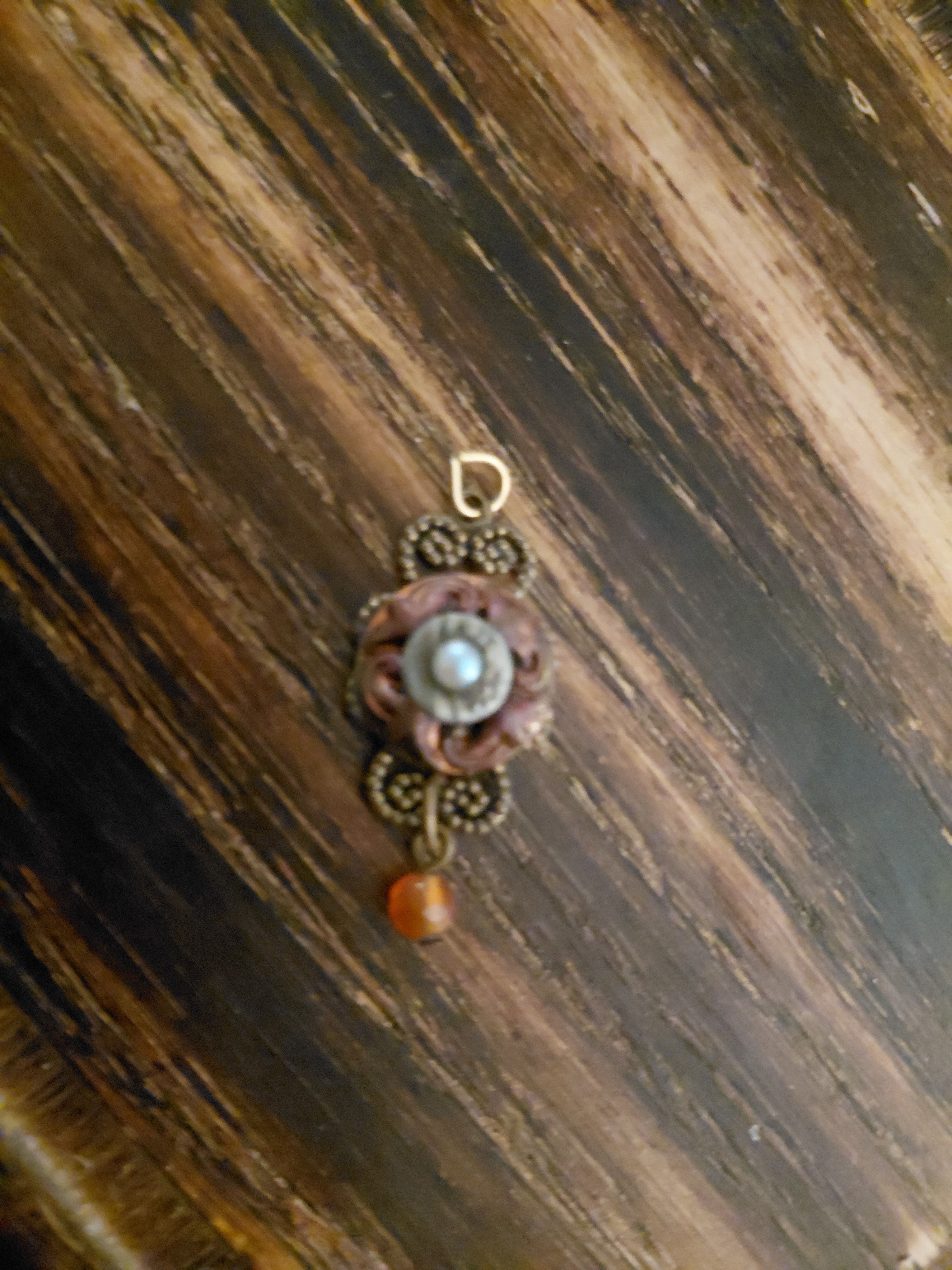 🌼 Vintage Floral Filigree Charm with Faux Pearl & Amber Bead