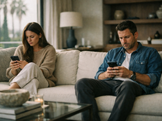 Couple sitting apart texting instead of talking — fexting and fighting over text