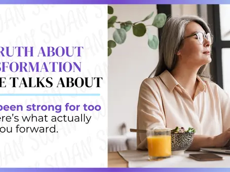 Woman working on a laptop by a window with a drink nearby. Text: The truth about transformation no one talks about. You’ve been strong for too long.