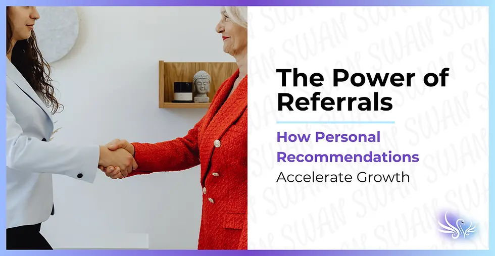 Two people shake hands; one in a white blazer, the other in red. A shelf with a Buddha head is visible. Text reads "The Power of Referrals."