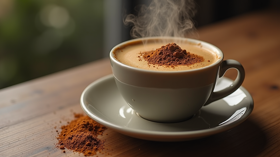 Eye-level view of a steaming cup of mushroom coffee with lion's mane powder