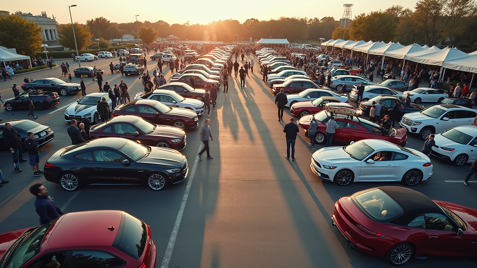 High angle view of a car event with organised parking and attendees