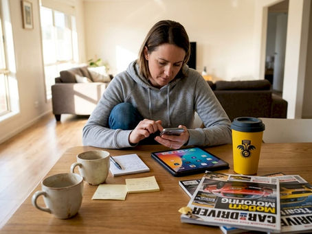 Woman comparing car enthusiast apps in living room