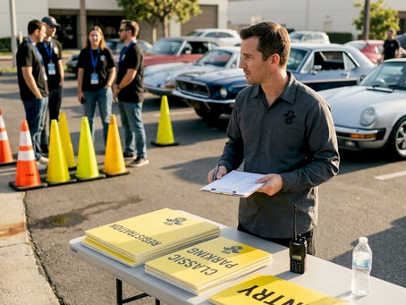 Car meetup organizer planning at event site