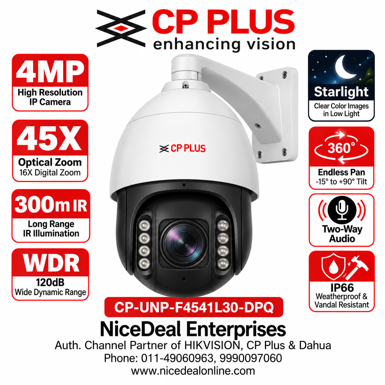 CP Plus CP-UNP-F4541L30-DPQ 4MP WDR 45X IR Network PTZ Camera – 300M IR, PoE+