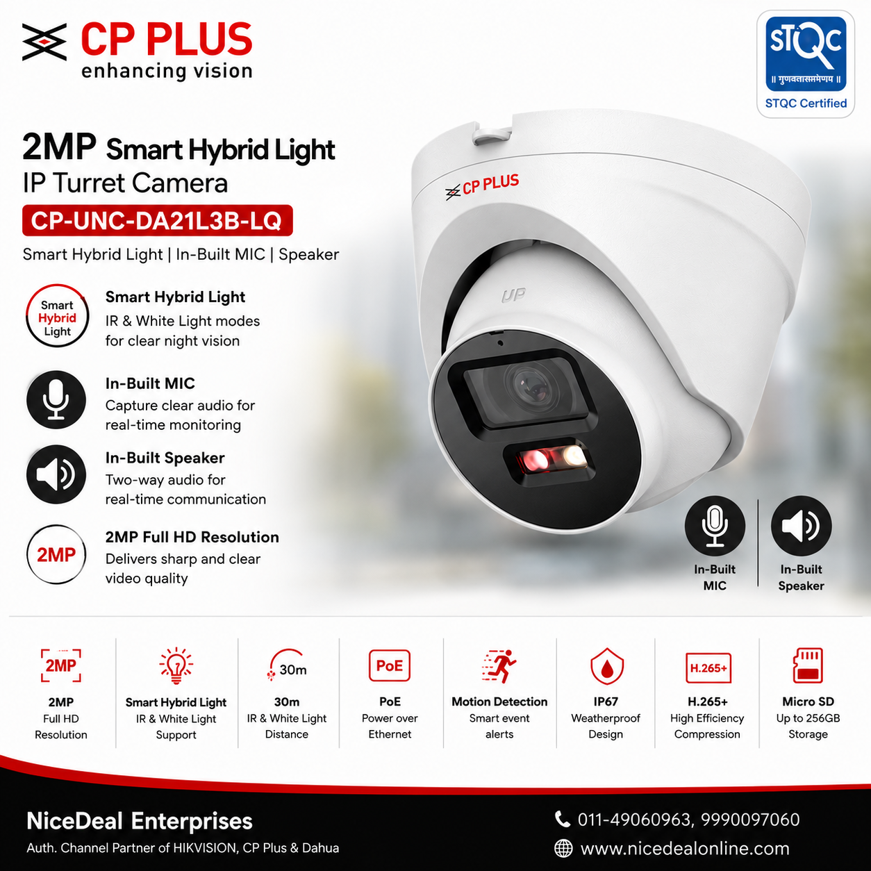STQC CP Plus 2MP Night Color IP Dome CCTV Two Way CP-UNC-DA21L3B-LQ