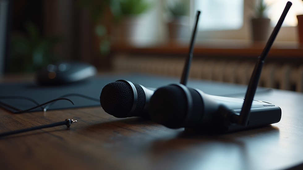 Close-up view of dual wireless microphones on a table