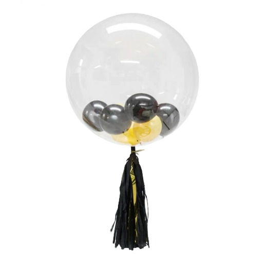 Clear with 10 mini balloons - gold/black/white $39