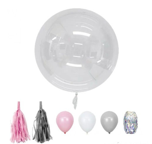Clear with 10 mini balloons - pink/grey/white $39