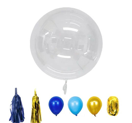 Clear with 10 mini balloons - blue/sky blue/gold $39