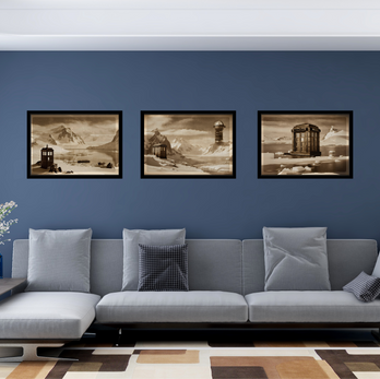 Set of 3 prints of Tardis-like structures in an Antarctica landscape