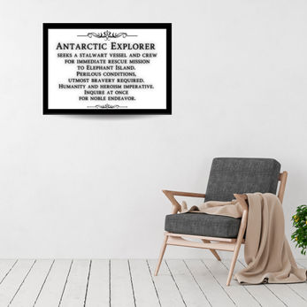 Ship Wanted Shackleton Advert in a black frame on a white wall