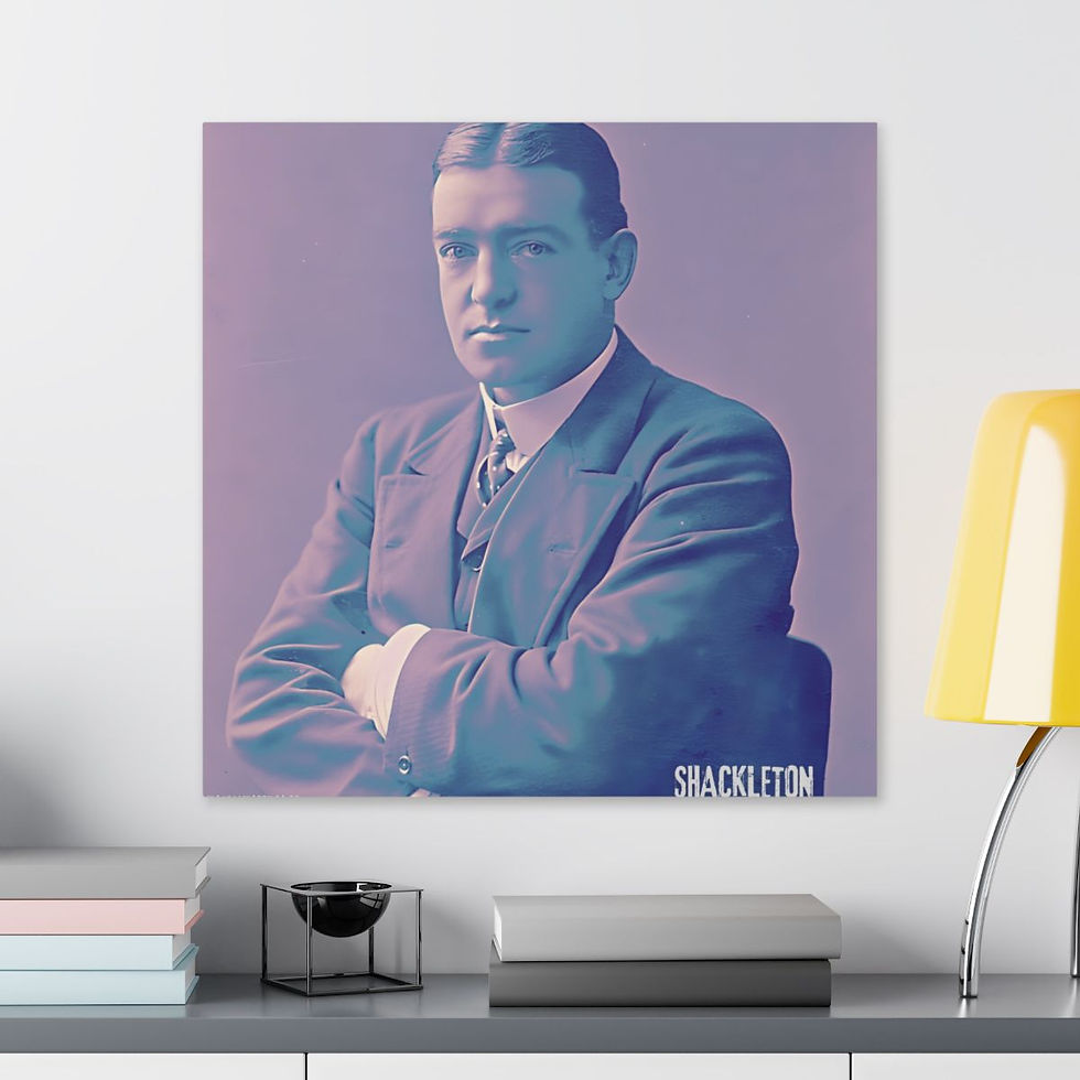 Portrait Photograph of Ernest Shackleton from the Endurance Expedition. The print has a pink hue in a pop-art style