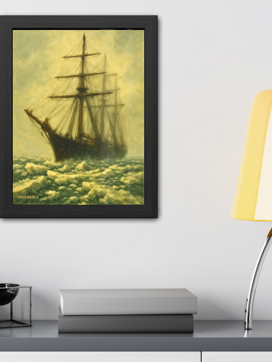 Framed print of a painting- a faithful interpretation of Endurance at sea during Shackleton's voyage to Antarctica