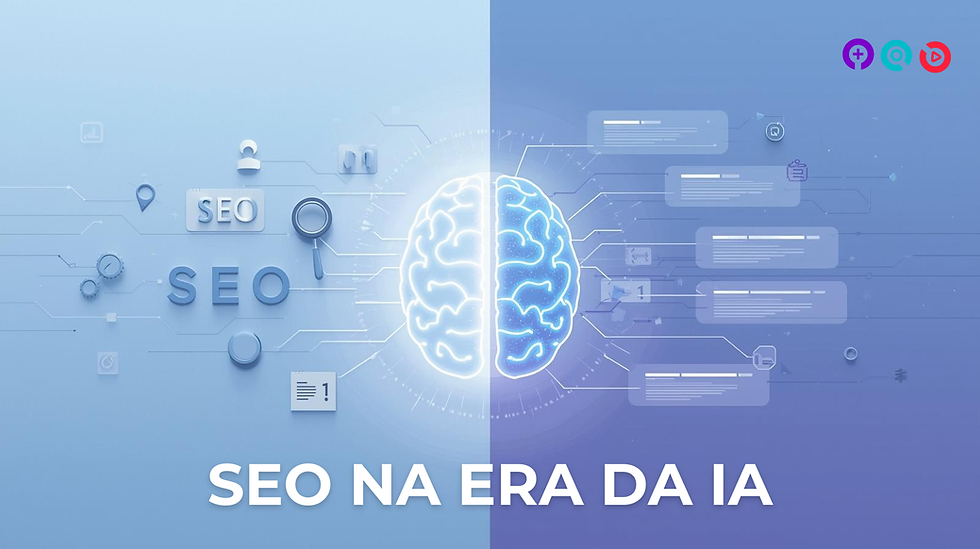 Ilustração futurista mostrando a evolução do SEO na era da inteligência artificial: do lado esquerdo, ícones de SEO tradicional como lupa, engrenagens e documentos; do lado direito, um cérebro digital conectado a fluxos de informação, simbolizando a busca generativa e a IA.