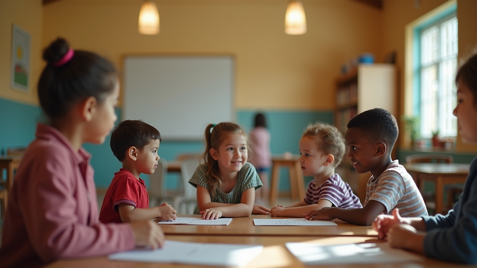 Eye-level view of a community center with diverse families gathered