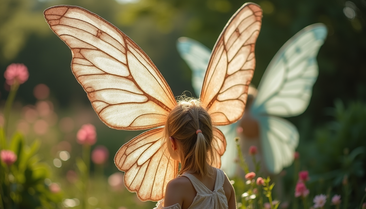 Close-up view of life-size fairy wings set up for photo opportunities in a garden area