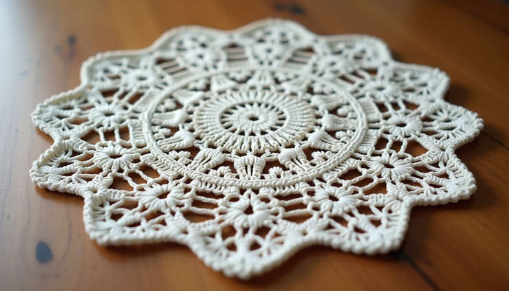 High angle view of a round crochet doily with smooth edges on a wooden table