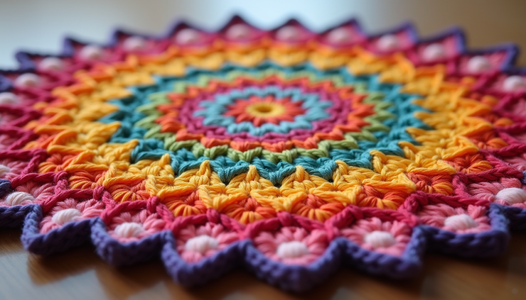 Eye-level view of a colorful crochet mandala with smooth color transitions