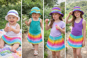 Handmade Girl's Rainbow Sprinkles Skirt, with vibrant shell pattern, paired with Child's Play N'Go Sunhat.