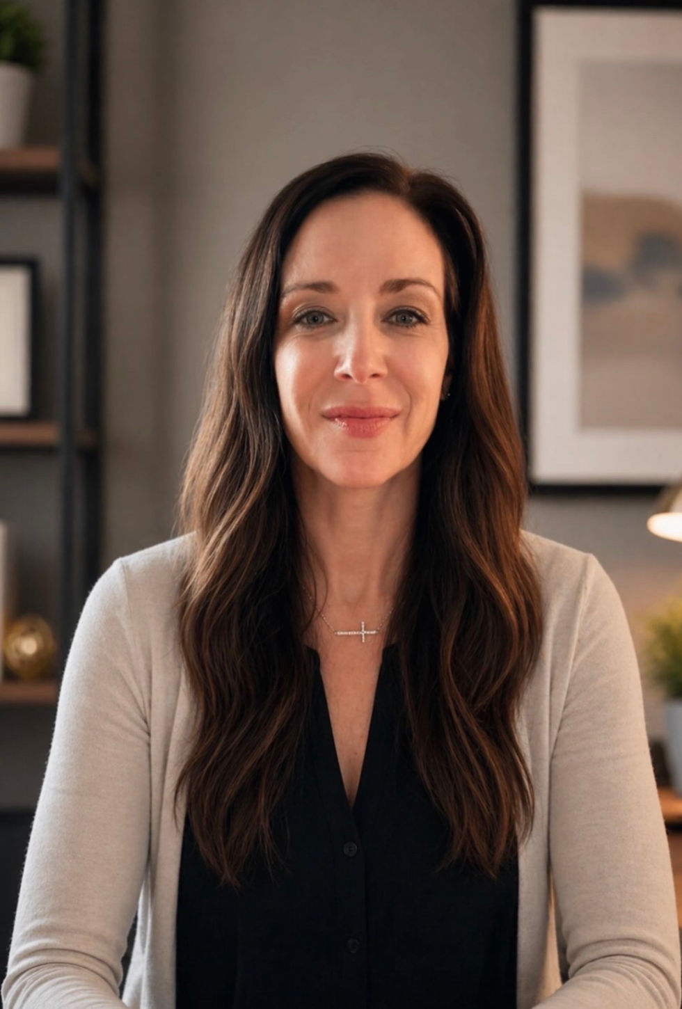 Professional portrait of a woman seated in an office setting, neutral background, portrait orientation, warm and approachable expression, suitable for About Me section of a mental health practitioner site.