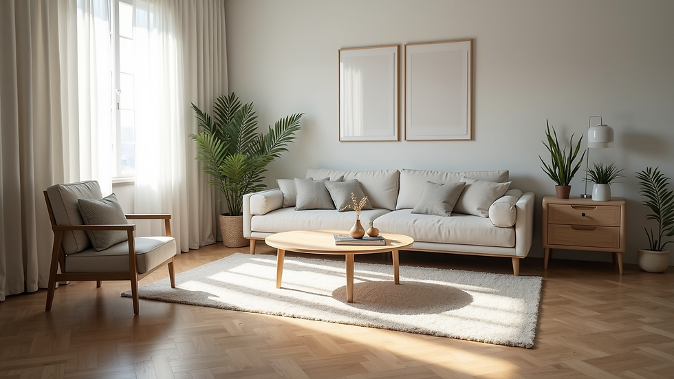 Eye-level view of a neatly organized living room with minimal decor