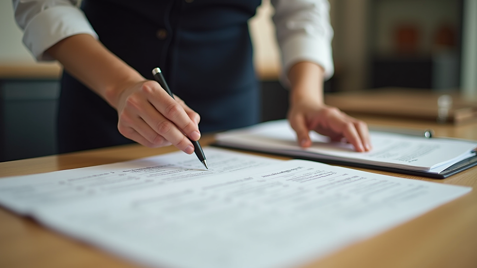 Close-up view of a charity auction assistant organizing bid sheets on a table