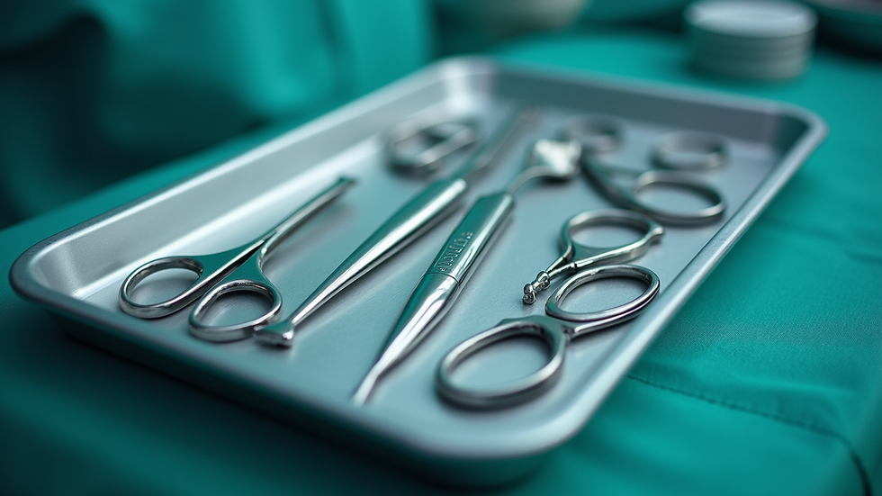 Eye-level view of surgical instruments arranged neatly on a sterile tray