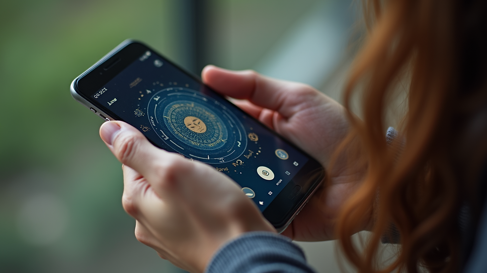Close-up view of a person holding a smartphone with an astrology app open